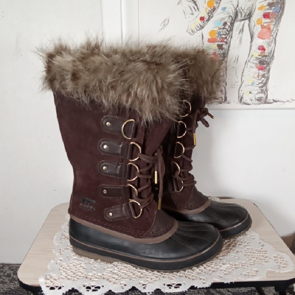 Sorel Joan Of Arc Waterproof Winter Boots Faux Fur Lined Suede Womens 8